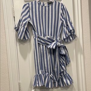 PrettyLittleThing Blue and White Striped Dress with Tie Waist